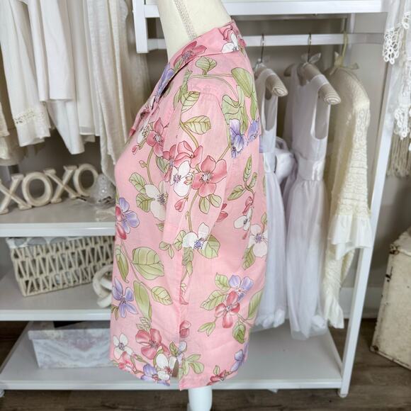 Jamaica Bay size small cotton button up pink floral top coastal botanical #3972 - Picture 3 of 8